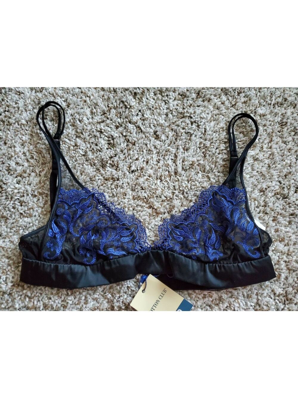 Cotton Club Black & Blue Lace Bralette – 34B – Unpadded Wireless – NWT